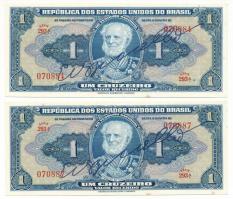 Brazília DN(1944) 1C (2x) közeli sorszámok "293A. 070884 + 293A. 070887" T:AU, hullámos papír Brazil ND (1944) 1 Cruzeiro (2x) nearby serials "293A. 070884 + 293A. 070887" C:AU, wavy paper Krause P#132a