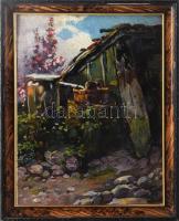 Sári jelzéssel: Színes kert, 1931. Olaj, karton. 32×24 cm. Dekoratív, kissé sérült fakeretben.