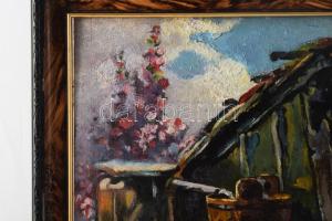 Sári jelzéssel: Színes kert, 1931. Olaj, karton. 32×24 cm. Dekoratív, kissé sérült fakeretben