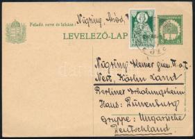 1930 Díjkiegészített díjjegyes levelezőlap Németországba / PS-card with additional franking to Germany