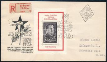 1953 Sztálin blokk ajánlott helyi FDC-n / Mi block 23 on registered local FDC