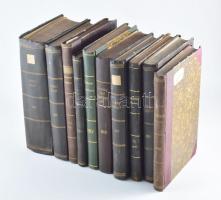 cca 1904-1942 Nagy jogi folyóirat tétel: Igazságügyi javaslatok tára (12 kötet) és Igazságügyi közlöny (36 kötet) c. folyóirat több évfolyama, összesen 48 kötetben, vászon, félvászon és félbőr kötésekben, változó állapotban, kopott borítókkal, közte 1 sérült gerinccel és kötéssel.