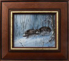 Kovrig Miklós (1951-): Menekülés (vaddisznók). Olaj, farost. Jelzett. Hátoldalán autográf felirattal. 12x15 cm. Dekoratív fakereteben.