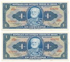 Brazília DN(1954) 1C (2x) sorszámkövetők "1723A. 074701 - 1723A. 074702" T:AU, hullámos papír Brazil ND (1954) 1 Cruzeiro (2x) consecutive serials "1723A. 074701 - 1723A. 074702" C:AU, wavy paper Krause P#150a
