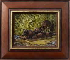 Kovrig Miklós (1951-): Dagonyázás (vaddisznó süldők). Olaj, farost. Jelzett. Hátoldalán autográf felirattal. 12x15 cm. Dekoratív fakereteben.