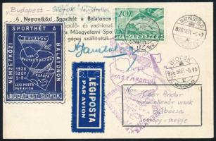 1936 Légi képeslap Sporthét levélzáróval és alkalmi bélyegzéssel / Airmail postcard with label