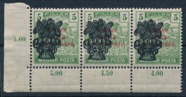 1920 Búzakalász 5f ívsarki hármascsík eltolódott felülnyomással / Mi 295 stripe of 3 with shifted overprint