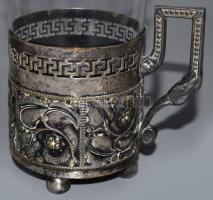 2 darab antik ezüstözött fém szamovár pohár, üvegbetétekkel, m: 10-13 cm