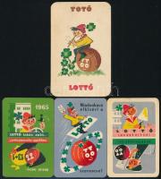 1960-1965 Lottó-Totó kártyanaptárak, 4 db különféle, közte három kisebb méretű (9x6 cm)