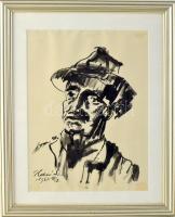 Holló László (1887-1976): Férfi fej. 1962. Lavírozott tus, papír, jelzett, üvegezett fakeretben, 27x20 cm