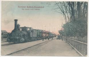 Székelykocsárd, Kocsárd, Lunca Muresului; vasútállomás, egy vegyesvonat bejárata, gőzmozdony. Czelnai Gyula felvétele (Nagyszeben) / railway station, locomotive, train (fl)