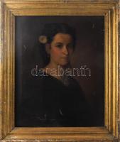 Jelzés nélkül, XIX. sz. festő: Női portré. Olaj, vászon. Sérült. 55,5x44,5 cm. Dekoratív, kissé sérült fakereteben.