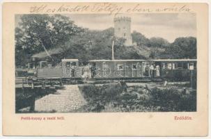 Erdőd, Károlyierdőd, Ardud (Szatmár); Szatmár-Erdődi h.é. vasút, Petőfi torony, gőzmozdony, vonat, keskeny nyomtávú kisvasút. (A helyiek kávéfőzőnek, de többnyire Zsuzsinak hívták) / castle tower, narrow-gauge railway, locomotive, train (locals called it "Zsuzsi") (EM)