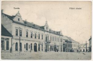 Torda, Turda; Fő tér, Tordai Iparosok Önképző Egylete, Kávéház és Étterem, Európa szálloda, J. Eszenyi, Lefkovits L. üzlete / main square, association, café, restaurant, hotel, shops (EB)