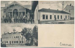 1910 Csaca, Csacza, Cadca, Caca; Klappholz szálloda, M. k. határszéli rendőri hivatal, szélmotor, Kivándorlók váróhelyisége. S. Lustig kiadása (Wien) / hotel, border police office, motorized windmill, emigrants' waiting room + "ODERBERG - GALÁNTA - BUDAPEST 362 D" vasúti mozgóposta bélyegző (apró szakadás / tiny tear)