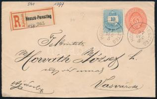 1897 Ajánlott 5kr díjjegyes boríték 10kr díjkiegészítéssel / Registered 5kr PS-cover with 10kr additional franking "HOSSZÚ-PERESZTEG"