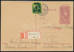 1945 (2. díjszabás) Ajánlott levelezőlap 7P bérmentesítéssel Pécsre / Registered postcard