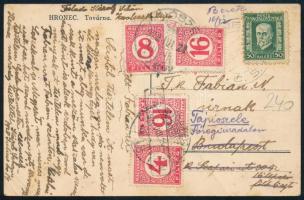 1928 Képeslap Csehszlovákiából Budapestre, továbbküldve érvénytelen portózással az elő és hátoldalon Tápiószelére, ott 8f és 16f portózással / Postcard from Czechoslovakia to Budapest, redirected, with postage due stamps