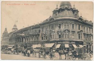 Kolozsvár, Cluj; Fő tér részlet, Haraszthy Jenő, Triesti Általános Biztosító Társaság, Radics Sándor, Jeney Lajos, Kiss János Fiai üzlete. Ludasi dohánytőzsde kiadása / main square, insurance company, shops (kopott sarkak / worn corners)