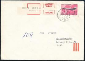 1990 Számítógépes bérmentesítési jeggyel díjkiegészített levél provizórikus ragjeggyel ("R" betű kivágva"