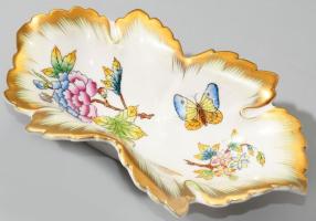 Herendi Viktória mintás levél alakú tálka, jelzett, hibátlan, 15x8,5 cm