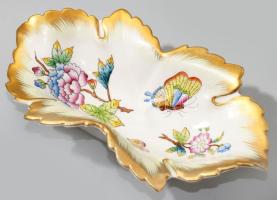 Herendi Viktória mintás levél alakú tálka, jelzett, hibátlan, 15x8,5 cm