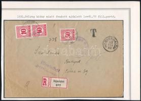 1931 Hivatalos ajánlott levél 70f portóval / Official registered cover with postage due "HEGYESHALOM" - "BUDAPEST"
