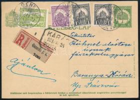 1931 Ajánlott levelezőlap 4 bélyeges kiegészítéssel "DÉNESFA / SOPRON VM." + "KÁRÁSZ" postaügynökségi bélyegzéssel / Registered postcard with postal agency postmark