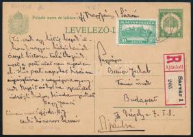 1928 Ajánlott levelezőlap 30f kiegészítéssel / Registered postcard