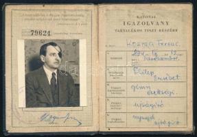 1951 Miskolc, katonai igazolvány tartalékos tiszt részére, fényképes