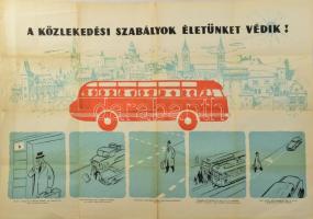 1959 Magyarország Autóbuszhálózata. Athenaeum. Hátoldalán "A közlekedési szabályok életünket védik" felirattal balesetvédelmi propaganda található illusztrációkkal. Hajtogatva, szakadásokkal. 58x83cm