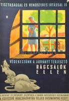 Gönczi Gebhardt Tibor (1902-19944): Tisztasággal és rendszeres irtással is védekezzünk a járványt terjesztő rágcsálók ellen, 1960. Egészségügyi felvilágosító plakát, ofszet, papír, jelzés nélkül, Nyomdakísérleti, hajtásnyommal, lapszéli sérülésekkel, 68x47,5 cm