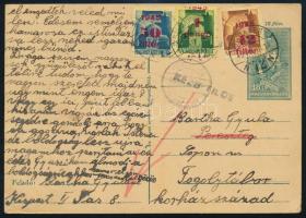 1945 (2. díjszabás) Levelezőlap a peresztegi fogolytáborba, visszaküldve, az 1P bélyeg eltolódott felülnyomással / Postcard, returned