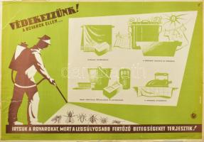 cca 1960 Maklári Ernő: Védekezzünk! A rovarok ellen... Egészségügyi felvilágosító plakát, papír, jelzett a plakáton, javított, lapszéli szakadásokkal, 48x68 cm