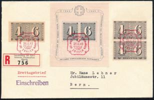 1943 Ajánlott levél blokkal / Mi block 8 + stamps on registered cover to Bern "ZÜRICH"