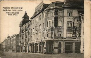 Pozsony, Pressburg, Bratislava; Stefánia út, üzletek, Deák szálloda / Stefaniestrasse, Hotel Deák / street view, shops, hotel (EK)