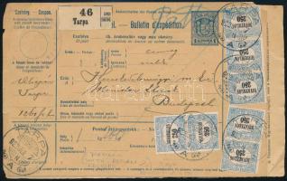 1922 Teljes csomagszállító 10 db Hivatalos bélyeggel és pótszállítólevéllel / Complete parcel card with 10 Official stamps "TARPA"