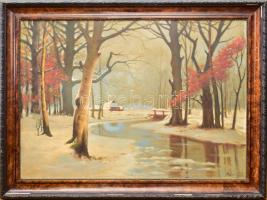 Tihanyi jelzéssel: Téli táj. Olaj, vászon. Dekoratív, sérült fakeretben. 70x100 cm