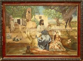 Olvashatatlan jelzéssel: Bibliai jelenet. Olaj, vászon. Dekoratív, sérült fakeretben. 70x100 cm