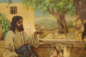 Olvashatatlan jelzéssel: Bibliai jelenet. Olaj, vászon. Dekoratív, sérült fakeretben. 70x100 cm