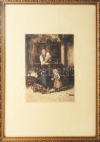 Munkácsy Mihály után Kórusz József (1927-2010): Anya gyermekeivel, rézkarc, papír, jelzett a karcon. Üvegezett, sérült fakeretben, 31x22,5 cm.