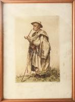 Zádor István(1882-1963): Pipázó juhász. Színezett rézkarc, papír, jelzett, üvegezett fakeretben, lap széle foltos, 41×27,5 cm