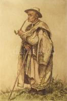 Zádor István(1882-1963): Pipázó juhász. Színezett rézkarc, papír, jelzett, üvegezett fakeretben, lap...