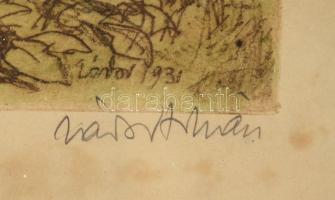 Zádor István(1882-1963): Pipázó juhász. Színezett rézkarc, papír, jelzett, üvegezett fakeretben, lap...