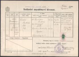 1939-1942 2 db anyakönyvi kivonat szegedi és gyulai illetékbélyegekkel