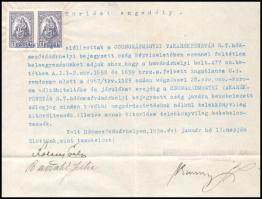 1930 Hódmezővásárhelyi jelzálog törlési engedély 2 x 1P Keskeny Madonna postabélyegekkel. Rendkívül ...