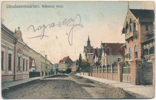 1911 Dicsőszentmárton, Tarnaveni, Diciosanmartin; Rákóczi utca. Jeremiás Sándor kiadása / street view + "SÓVÁRAD - BALÁZSFALVA 266. SZ. A" vasúti mozgóposta bélyegző (r)