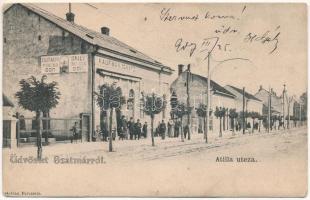 1907 Szatmárnémeti, Szatmár, Satu Mare; Atilla utca, Kaufman Ignác üzlete. Hollósi felvétele / street view, shop. L.D.F. 136. (lyuk / pinhole)