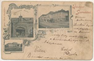 1899 Csíkszereda, Szereda, Miercurea Ciuc; Gyimesi vasútállomás, Megyeház, Györgyjakab Márton könyvnyomdája, könyvkereskedés üzlete és a "Csiki Lapok" kiadója. Adler Alfréd fényképész / Ghimes railway station, county hall, publishing house and printing shop. Art Nouveau, floral (EM)