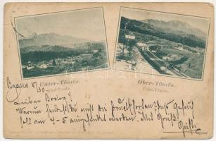 1900 Felsőtömös, Felső-Tömös, Timisu de Sus (Brassó, Kronstadt, Brasov); Alsó-Tömös és Felső-Tömös látképe, vasútvonal, hajtány. Julius Müller utóda Tartler &amp; Schreiber kiadása / general view of Timisu de Jos and Timisu de Sus, railway line with handcar (fa)